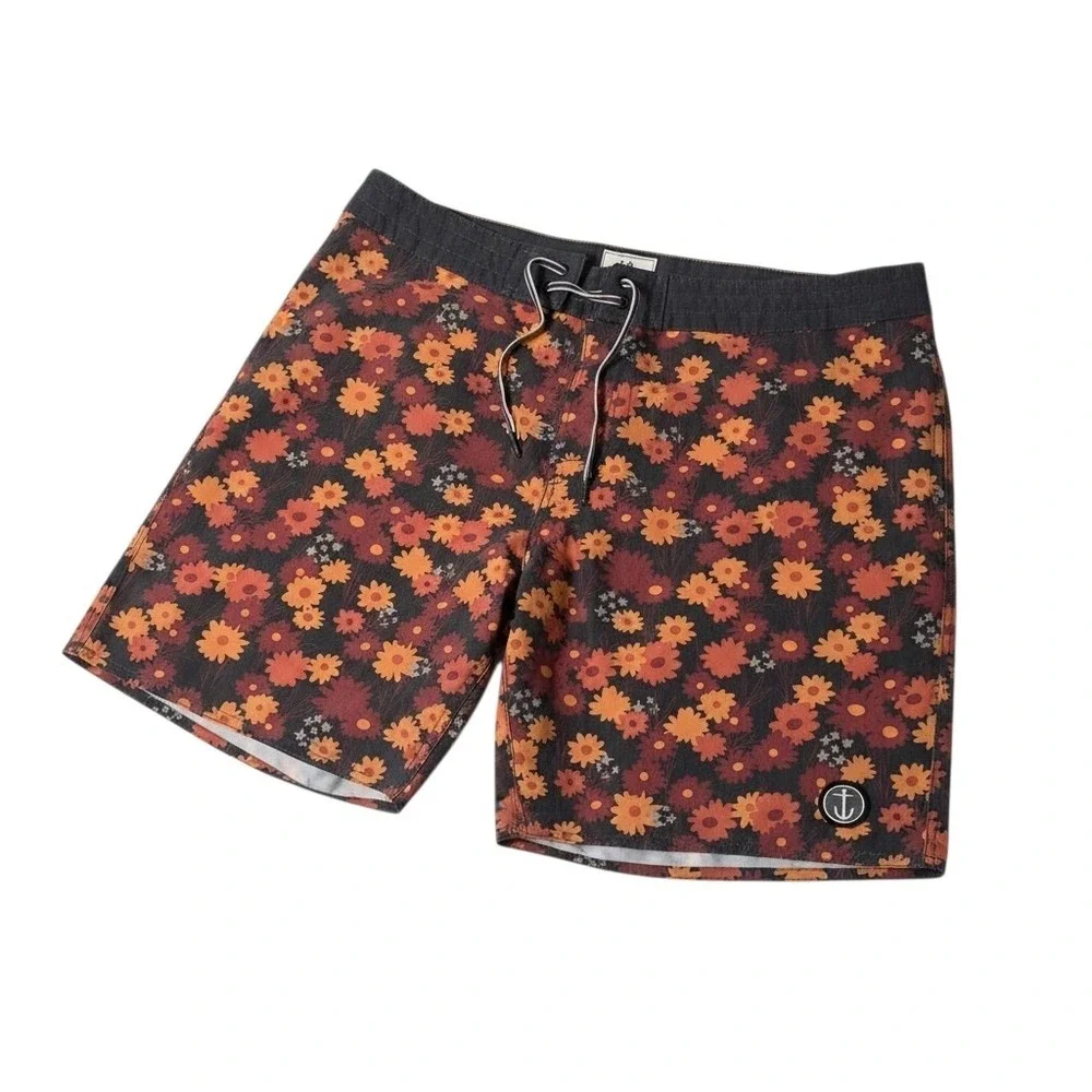 Captain Fin Board Shorts Men 34 Multi Floral Print Surf Trunks Anchor Patch